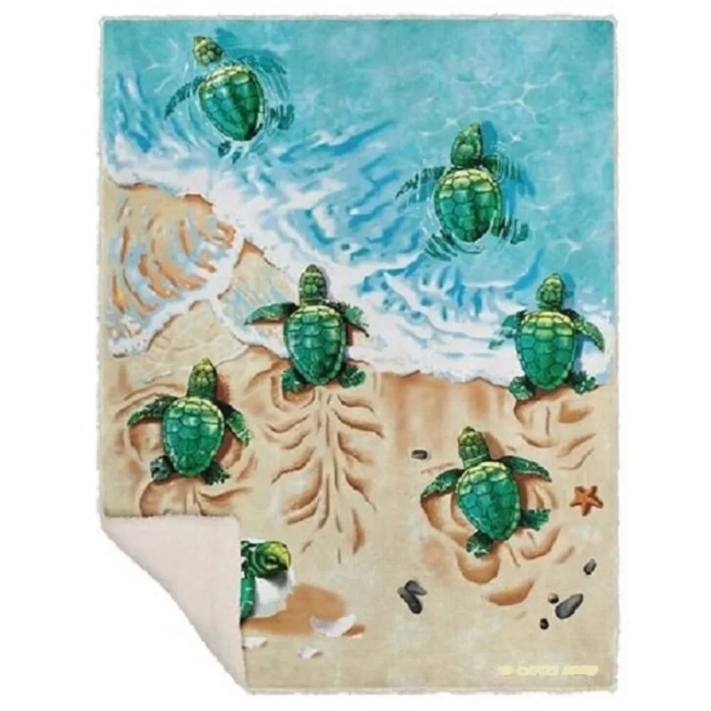 New Baby Sea Turtles on the Beach Fleece Sherpa Gift Throw Blanket Green Honu - Picture 4 of 4